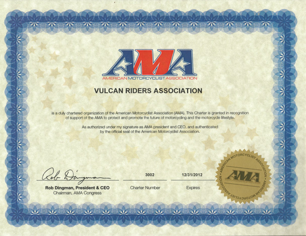 American Motorcyclist Association Certificate